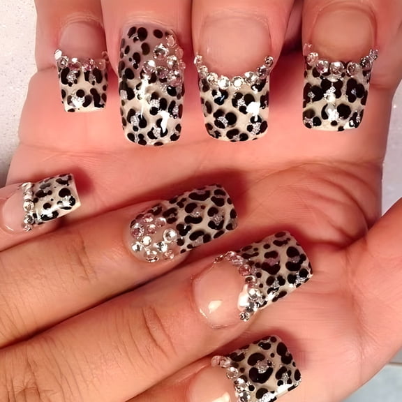 Square Press On Nails Fake Nails Leopards Glues On Nails Rhinestones Acrylic Nails 24pcs On Nails for Women Girls