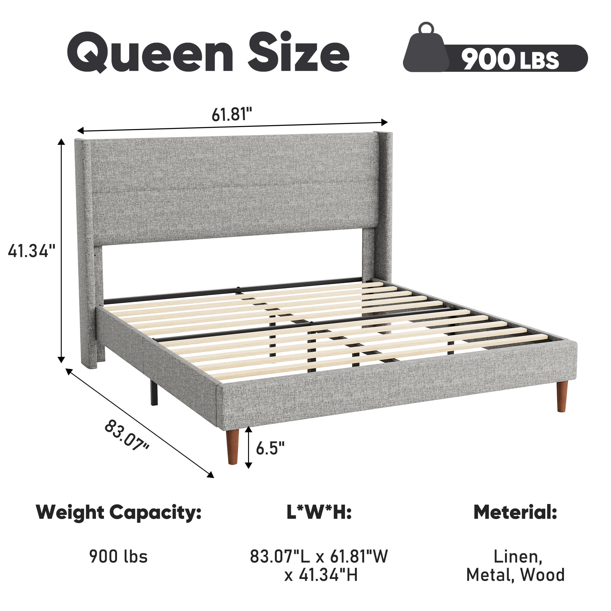 Frostbloom Queen Size Platform Bed Frame, Linen Upholstered Wingback Headboard, Light Gray