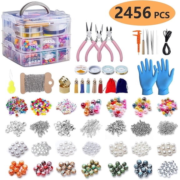 2456Pcs DIY Jewelry Kit for Beginners. Metal Beads, Fringe, Tools in Stylish Gift Box