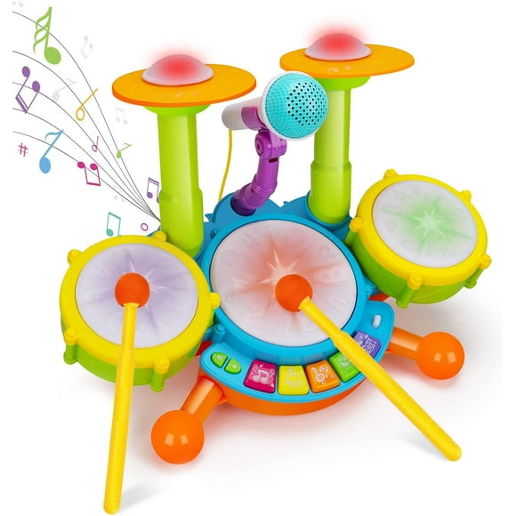 Basytodio Kids Drum Set Musical Toys for Toddlers 1-3 with 2 Sticks Microphone Instruments Piano Light Up 1 Year Old Boy Girl Gifts 6 12 18 Month Learning Developmental Toddler Age 2-4