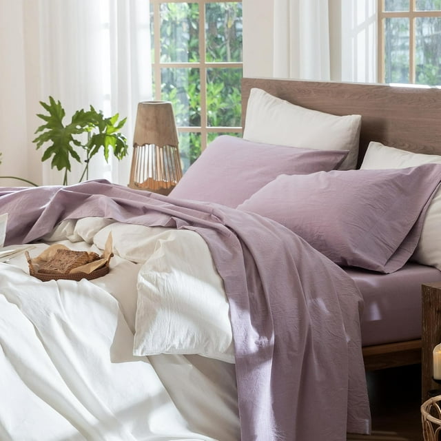 Bedding Sheet Set Washed Cotton Linen Like Textu Breathable Durable Soft Comfy (Dark Orange Queen)