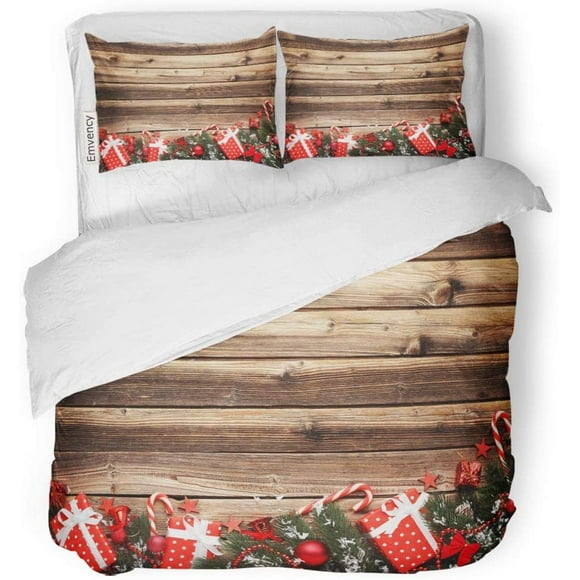 RYLABLUE 3 Piece Bedding Set Green Ball Christmas Fir Tree Branches Baubles and Boxes on Wooden Table Red Bead Bell Twin Size Duvet Cover with 2 Pillowcase for Home Bedding Room Decoration