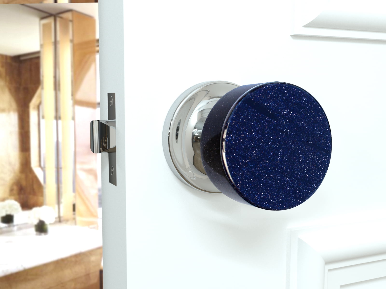 Dummy Round Blue Goldstone Door Knobs Polished Chrome Round Rosette