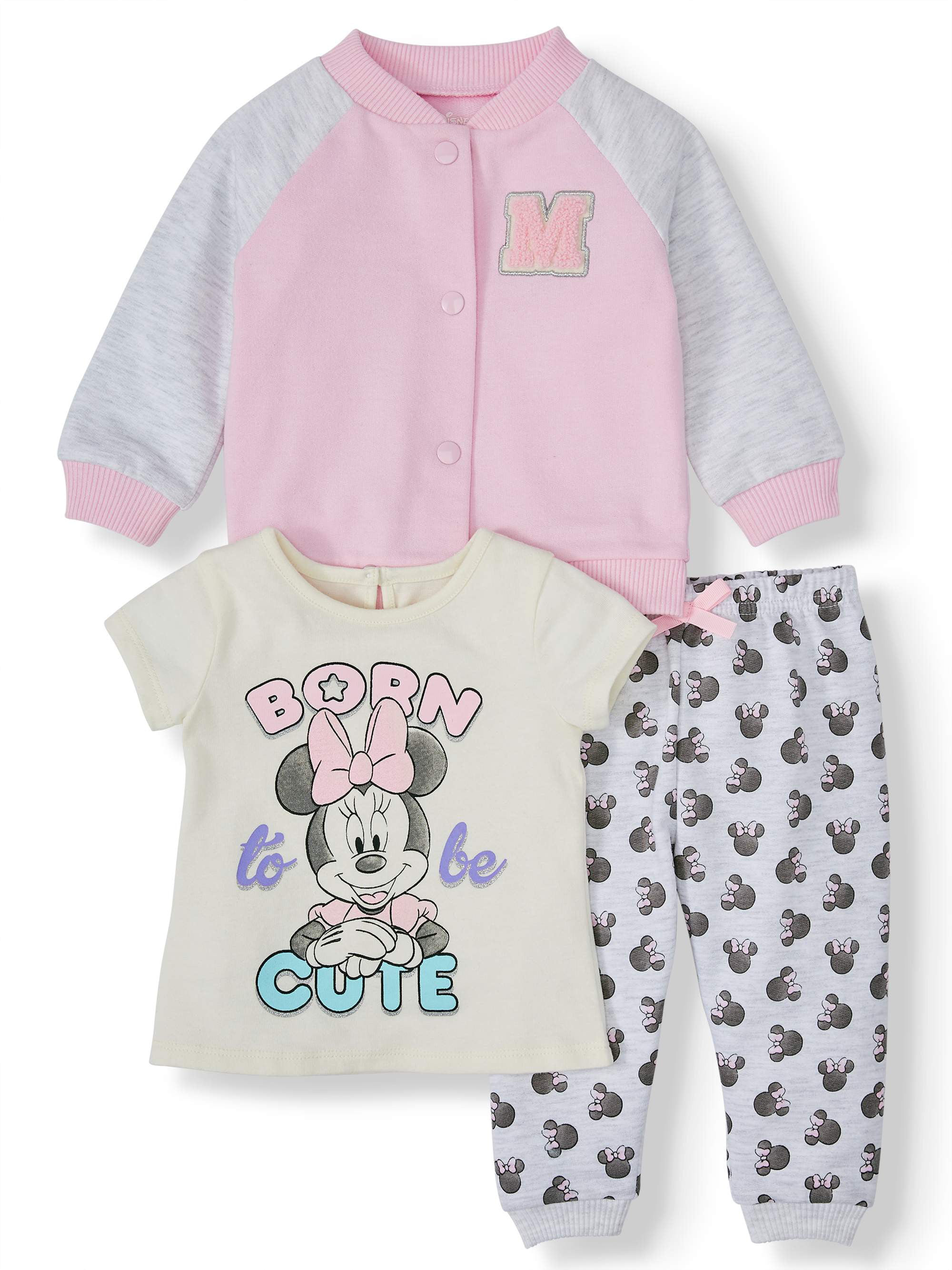 Details about   Minnie Mouse Baby Girls Varsity Jacket Jersey Tee and Legging 3pc Set 