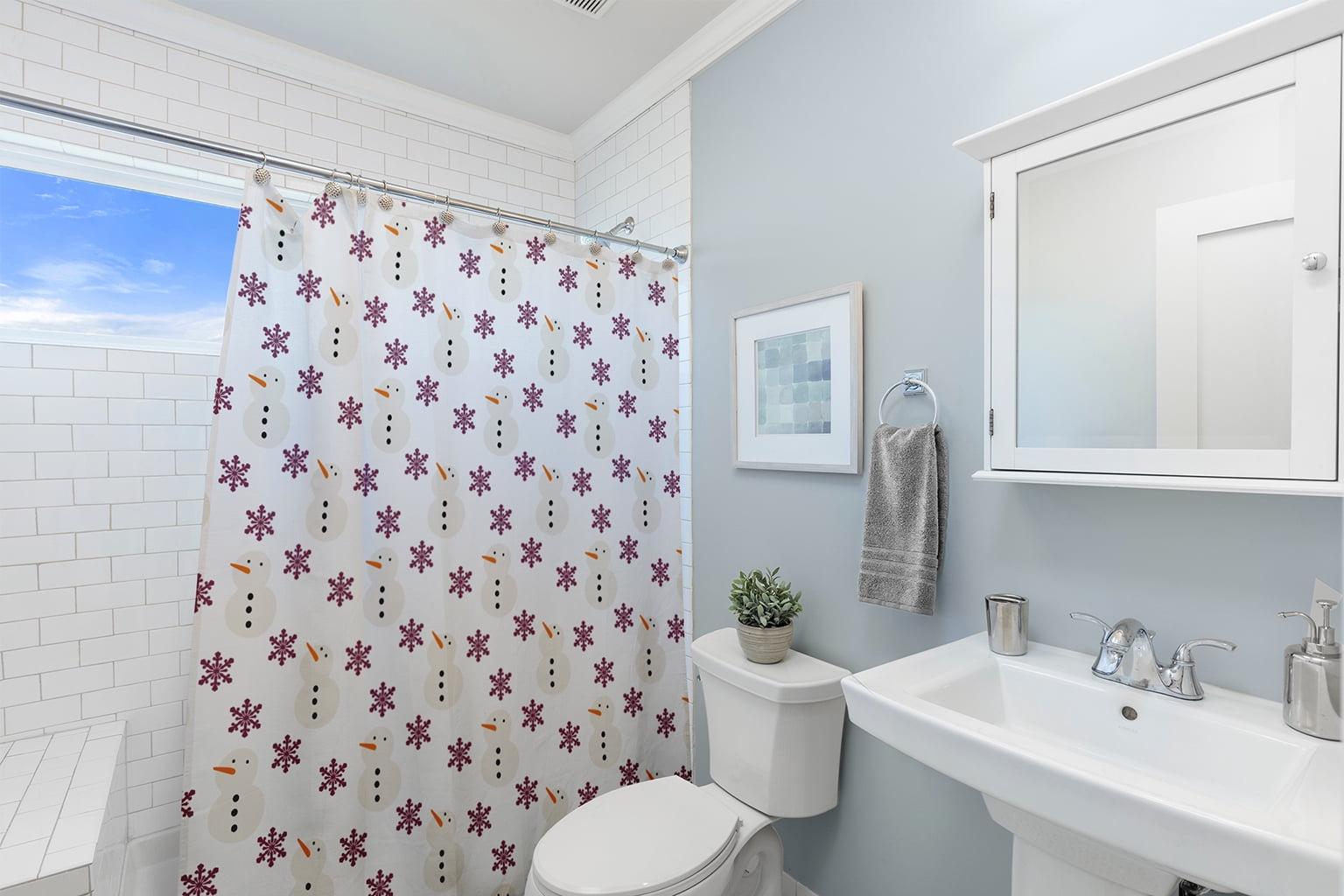 Simply Daisy 70" W x 73" L Snow Men In Snowstorm Polyester Shower Curtain, Passion Flower [1 Ct]