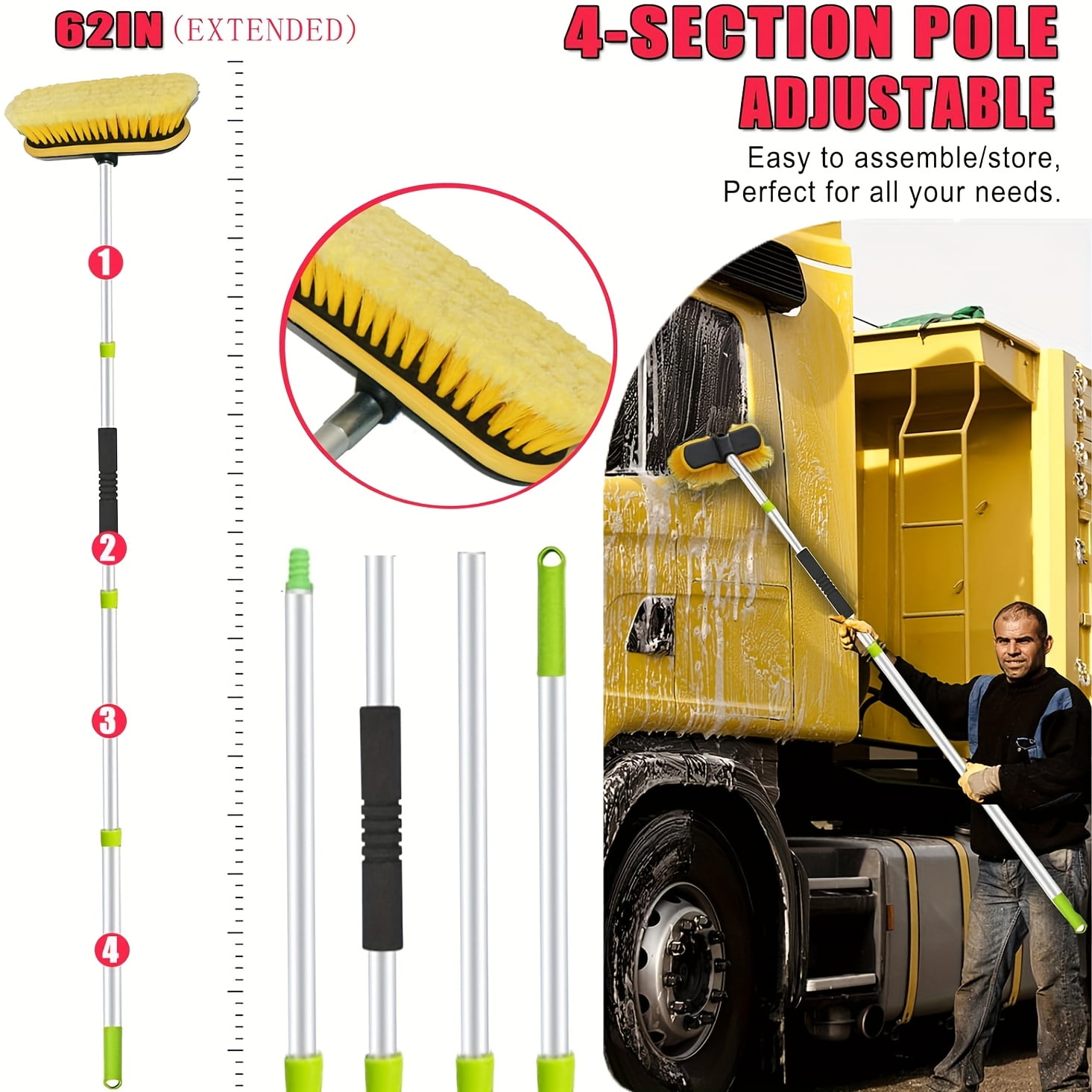 Charefin 62 inch Long Handle Car Wash Brush Kit Car Wash Kit with Tire Brush Window Squeegee Chenille Microfiber Car Detailing Brushes Car Cleaning Brush Kit Supplies for Car Truck SUV RV