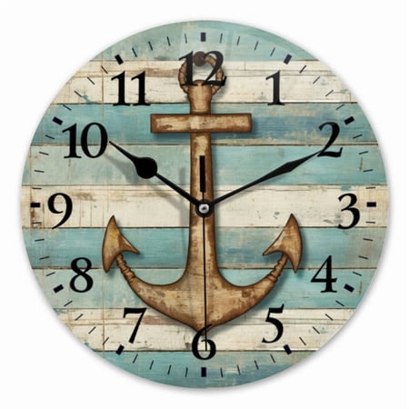 10 Inch Wall Clock Battery Operated Square Clock for Office, Kitchen, Outdoor, Living Room, Rustic Wooden Anchor On Weathered Blue And White Striped Background