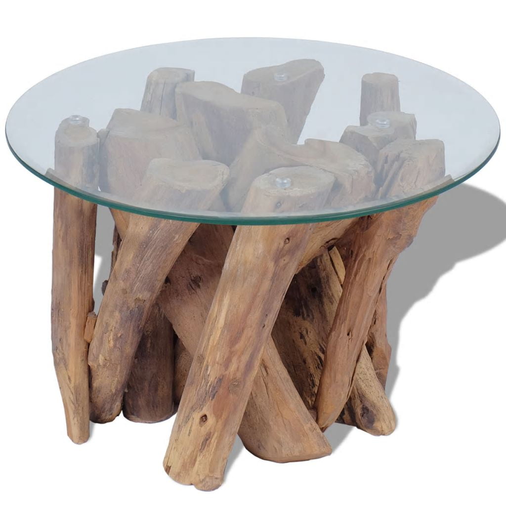 Best 23.6" Coffee Table, Solid Teak Driftwood with Glass Top and Teak Base, A