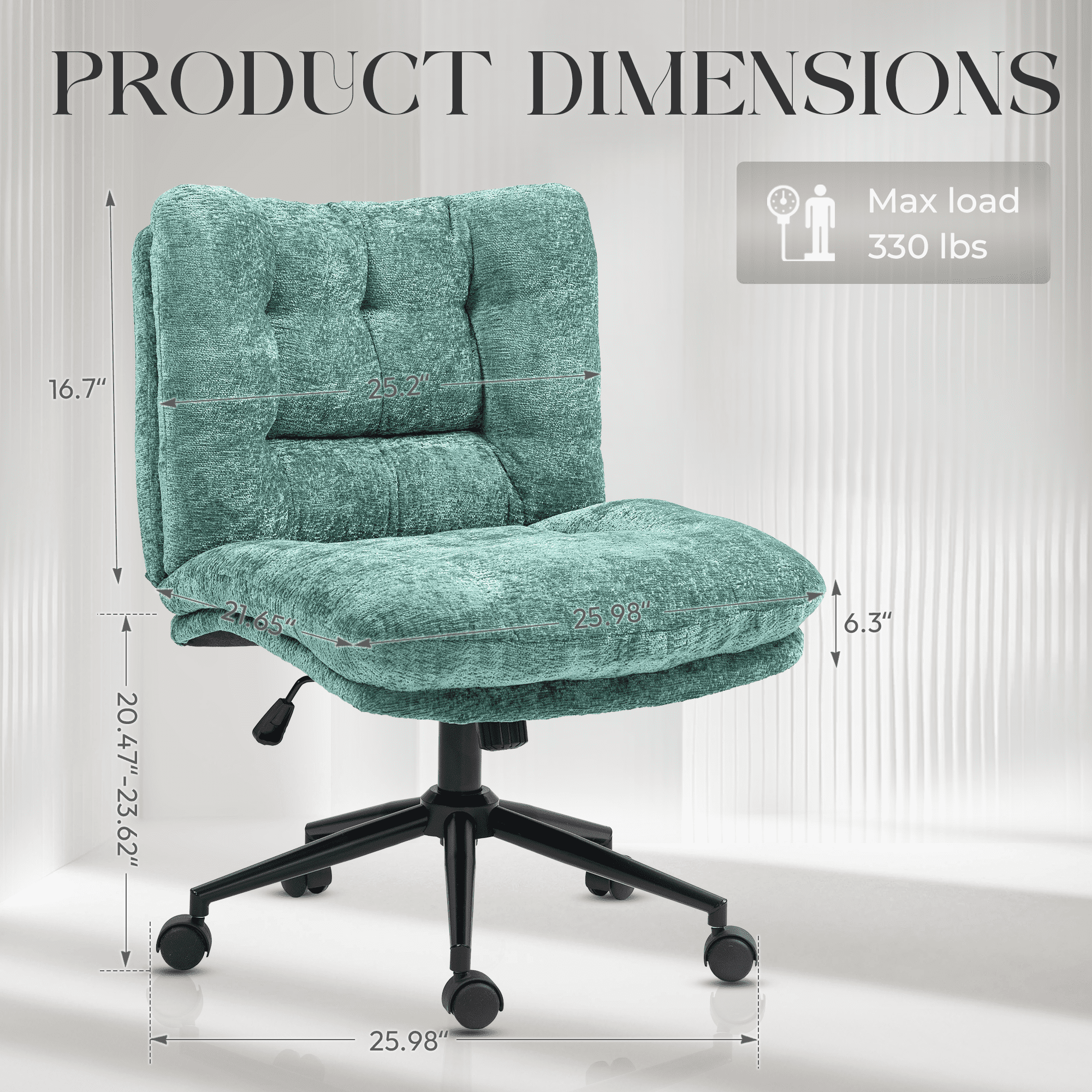 Goosea Armless Criss Cross Chairs, Premium Fabric Wide Padded Seat Office Chair，Modern Vanity Chair with Dual-Layer Cushion and Smooth-Rolling Wheels，Green