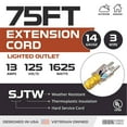 thumbnail image 2 of Iron Forge Cable Weatherproof 75 Ft Outdoor Extension Cord - 14/3 SJTW 13 Amp Heavy Duty Yellow Extension Cord 3 Prong - Lighted End, 2 of 7
