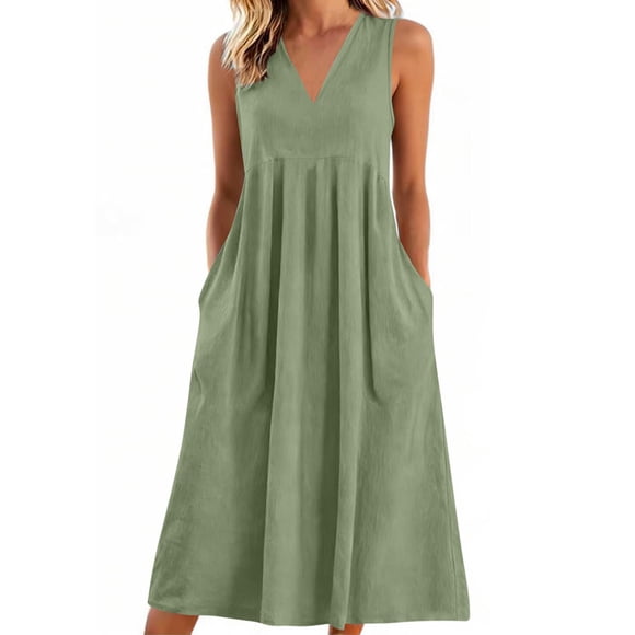 Ltctricy Summer Dresses for Women Sleeveless V Neck Pleated Flowy A-Line Midi Dress Beach Vacation Casual Dresses with Pockets