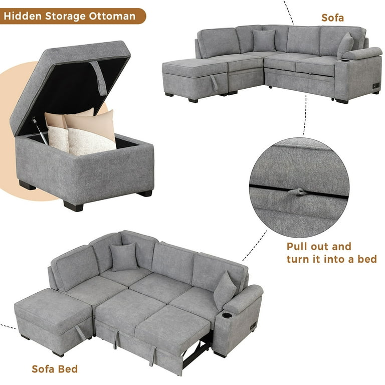 Churanty Sleeper Sectional Sofa Pull Out Bed Upholstery Reversible Couch with Hidden Arm Storage Ottoman Gray