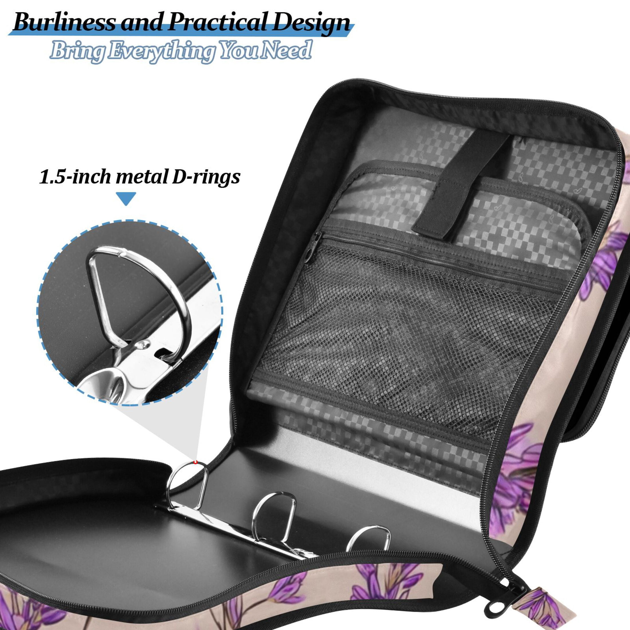 Zipper Binder Lavender 1.5 Inch Binder Folder Bag with Shoulder Strap and Handle