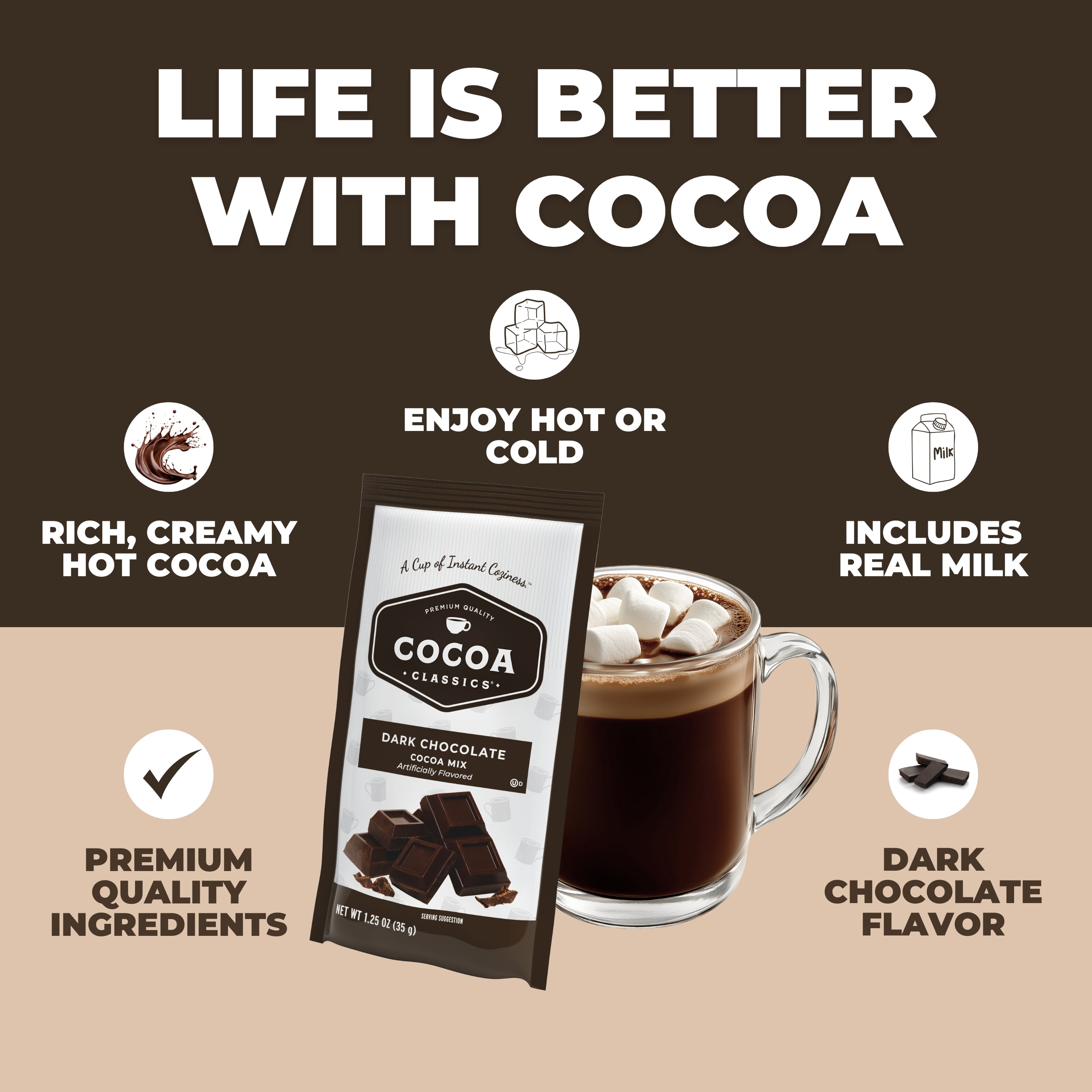 (14 pack) Cocoa Classics Dark Chocolate Drink Mix Made with Nonfat Milk - Hot or Iced Cocoa, Gluten-Free & Kosher