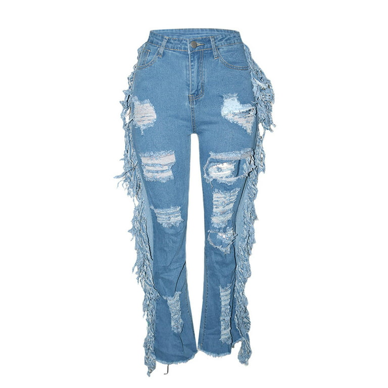 Women's High Waisted Ripped Jeans Cut Out Destroyed Frayed Tassels  Distressed Denim Pants Fashion Personality Street Trend Fringe Flared Jeans