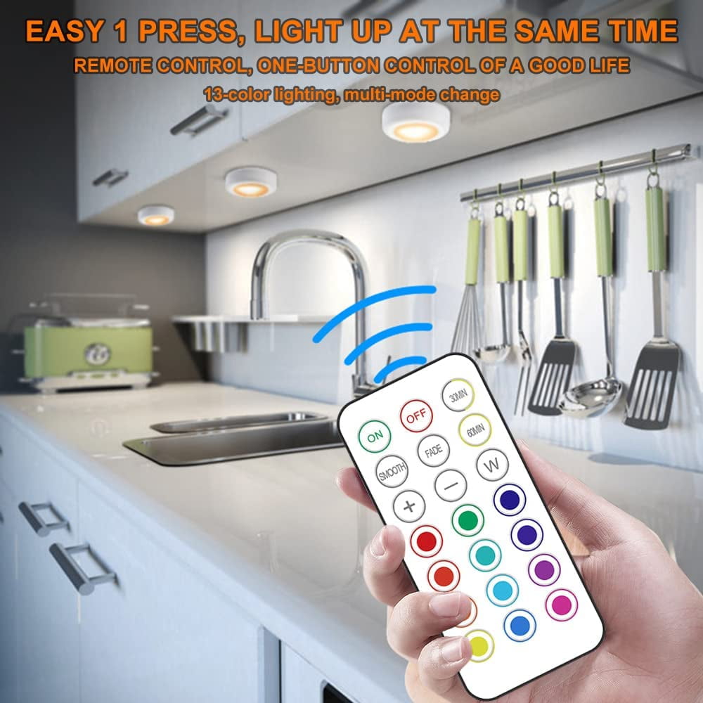 JJEAN-LED Puck Lights with Wireless Remote, 13 Colors RGB Dimmable Under Cabinet Lights, Battery Powered Color Changing Lights, Party Atmosphere Light for Kitchen Closet Counter, 3 Pack