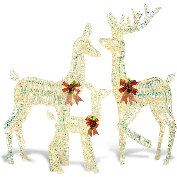 JOIEDOMI 3 Pcs Christmas Iridescent Reindeer Family Set Yard Light Decorations, 360 LED Warm White Lights with Metal Stakes for Indoor Outdoor Garden Holiday Décor, Christmas Eve Night Décor