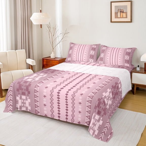 jejeloiu Retro Aztec Geometric Twin Sheet Sets,Vintage Boho Tribal Twin Fitted Sheet,Pink Triangle Cute Flower Flat Sheet For Men Women,Breathable Home Decor,3pcs