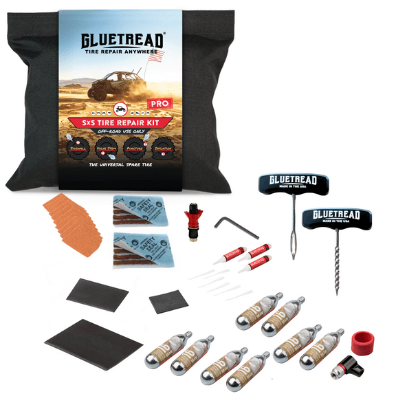 GlueTread SxS Pro Tire Repair Kit Ultimate Off-Road Tire Repair Kit Includes Sidewall Repair Patches, Colby Emergency Valve, Emergency Tire Plug Kit with 12 Plugs, T Handles and 8 CO2 Cartridges