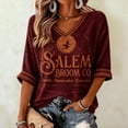 thumbnail image 2 of Womens Sweatshirt Distressed Washed V Neck Broom Witch Print 3/4 Sleeve Pullover Relaxed Fit Casual Fall Festival Halloween Top Wine XXL, 2 of 5
