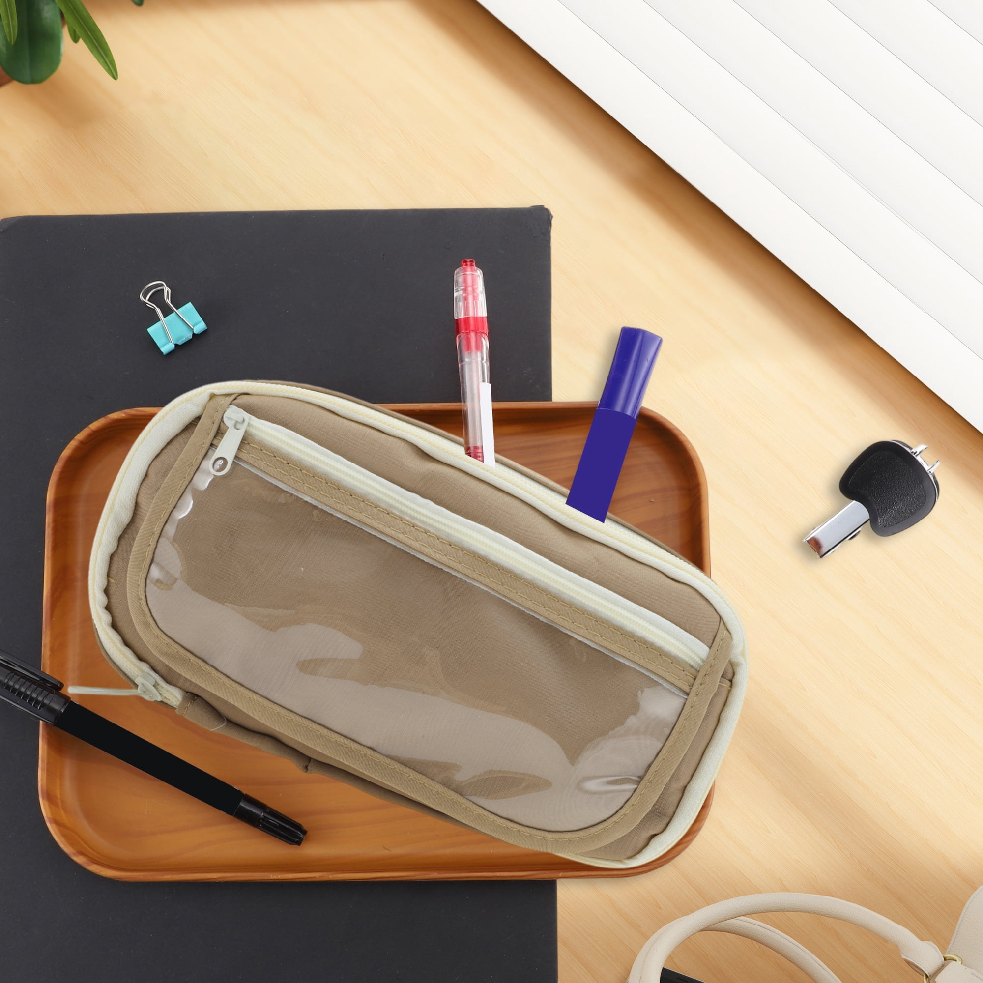 Unique Bargains Pencil Case Flip Cover Pen Pouch Stationery Bag for Organizer Coffee Color