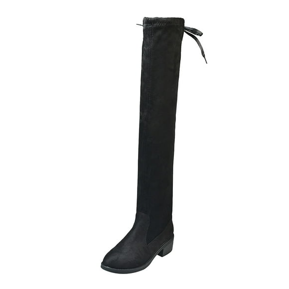 CEHVOM Women's Long Tube Round Toe Zipper Bare Boots Square Heel Long Booties Shoes
