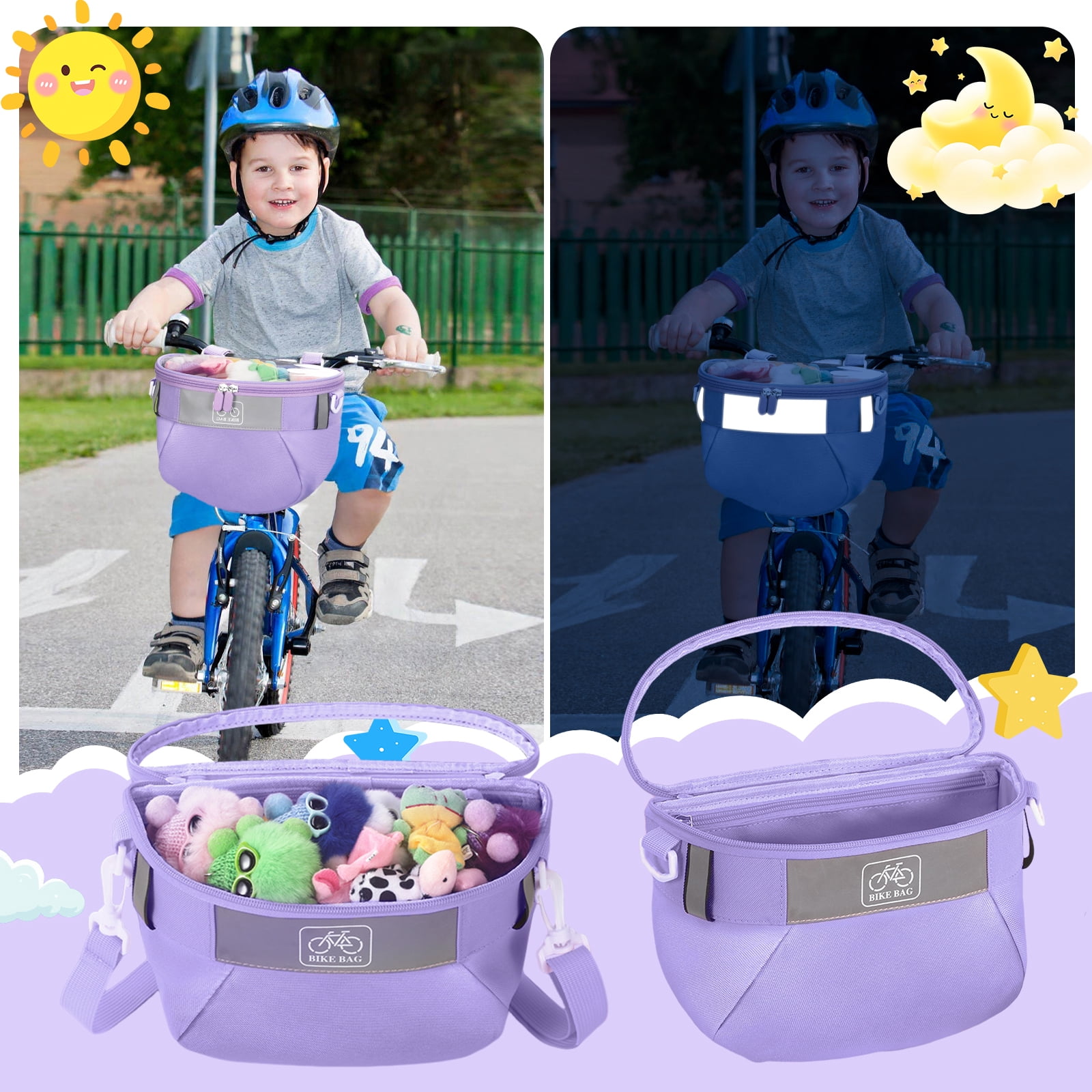 Yucurem Durable Kids Bike Basket, Waterproof Bicycle Front Basket Handlebar Bag with Reflective Safety Straps, Fabric Bicycle Basket for Boys & Girls (Purple)