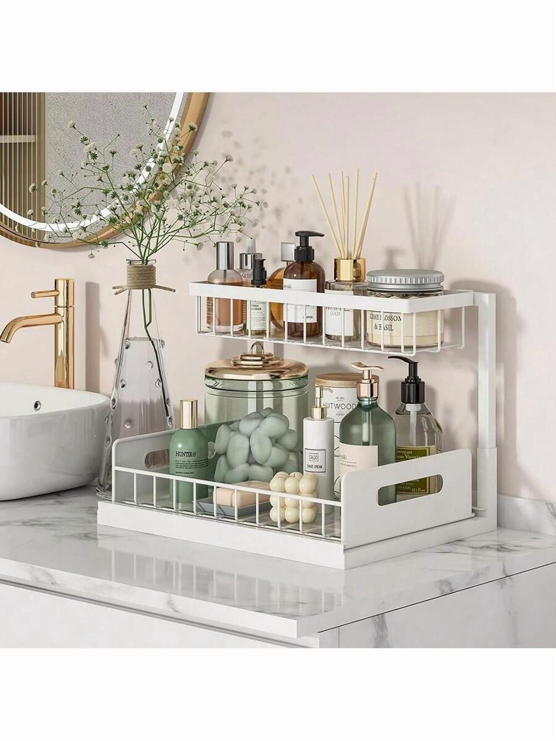 2 Tier Slide Out Kitchen Cabinet Organizer, Sturdy Metal Under Sink Storage Drawer, Pull Out Shelves for Bathroom Vanity, Pantry, and Home Office Organization