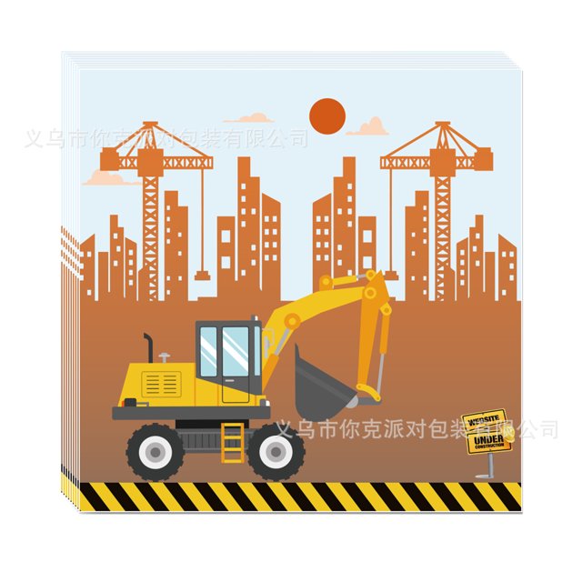 Vehículo de construcción, excavadora, carretilla elevadora, chico de la construcción, fiesta, vaso de papel, cartón, cuchillo, tenedor, cuchara, mantel, pancarta, decoración de cumpleaños