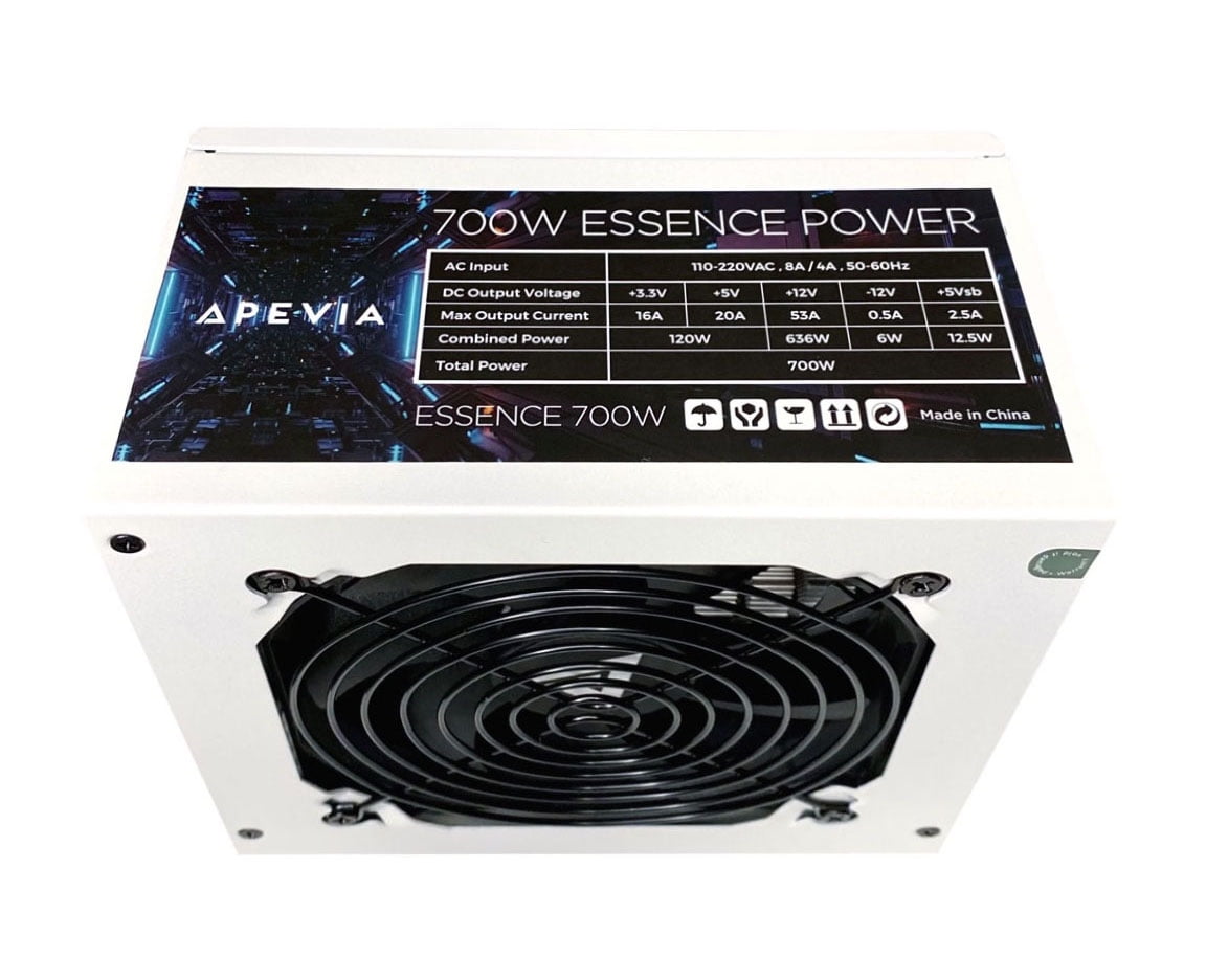 Apevia ATX-ES700-WH Essence 700W ATX Semi-Modular Gaming Power Supply with Auto-Thermally Controlled 120mm Black Fan, 115/230V Switch, All Protections, White Casing