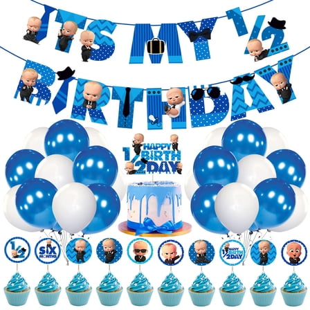 Baby Boss Half Birthday Party Supplies, Boss Baby 1/2 Birthday Party Decorations for Boys with Its My Birthday Paper Banner Cake Topper Cupcake Toppers Balloons(Pack of 37)