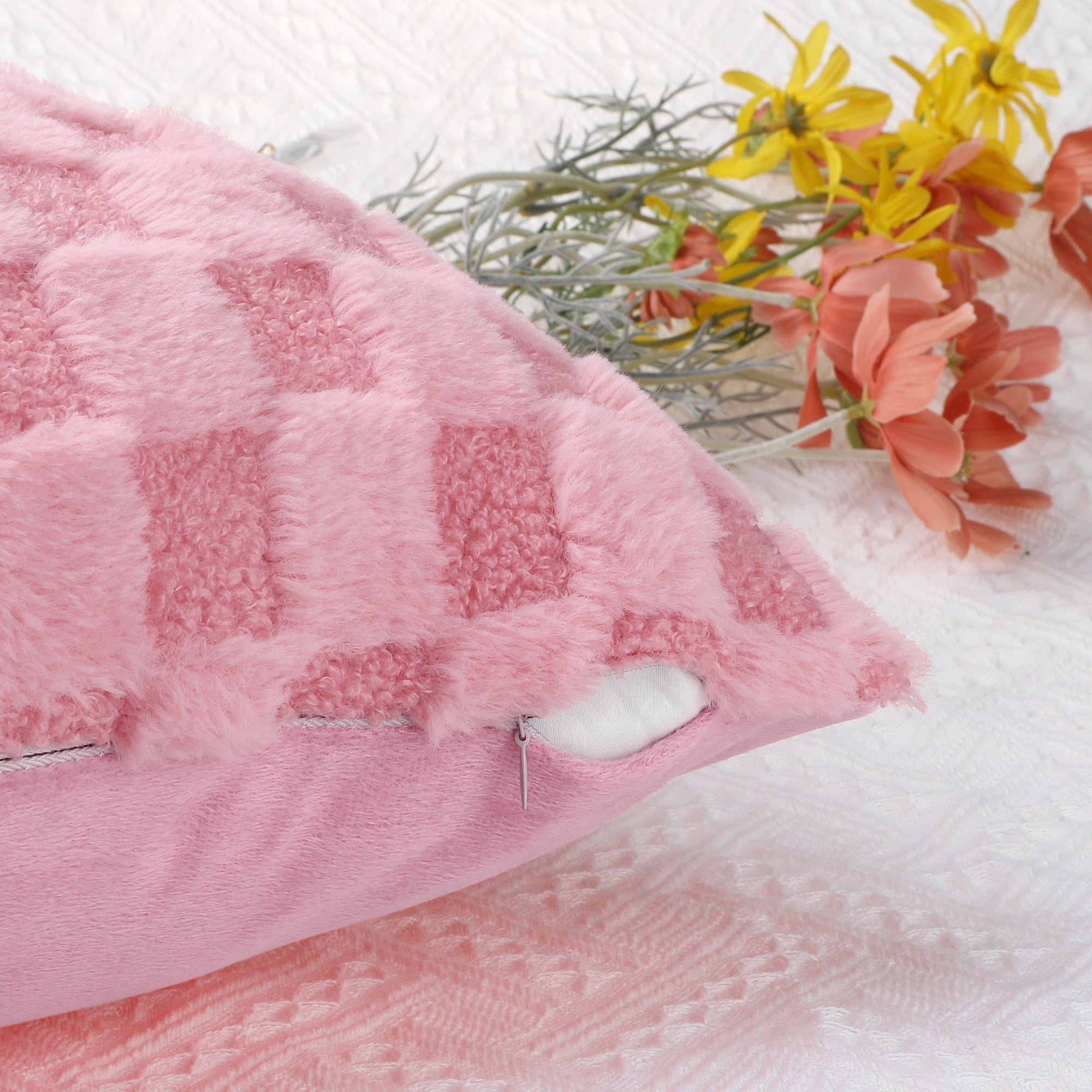 Unique Bargains 2 Faux Fur Soft Plaid Decorative Throw Pillow Covers Square Pillowcase Pink 18" x 18"