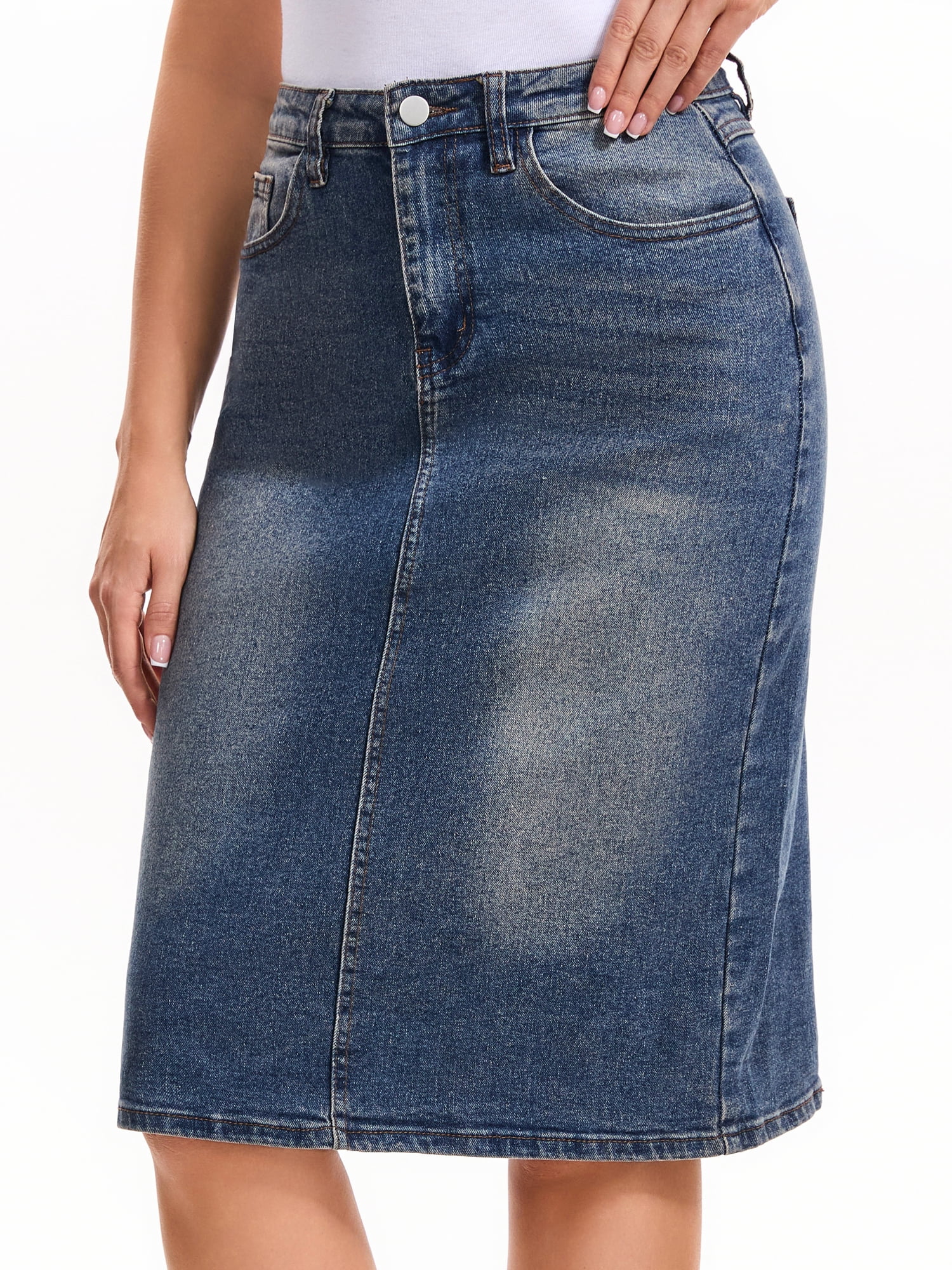 DARING DIVA Women's Jean Back Slit Stretch Below Knee Length Denim Skirts XL Gray Blue
