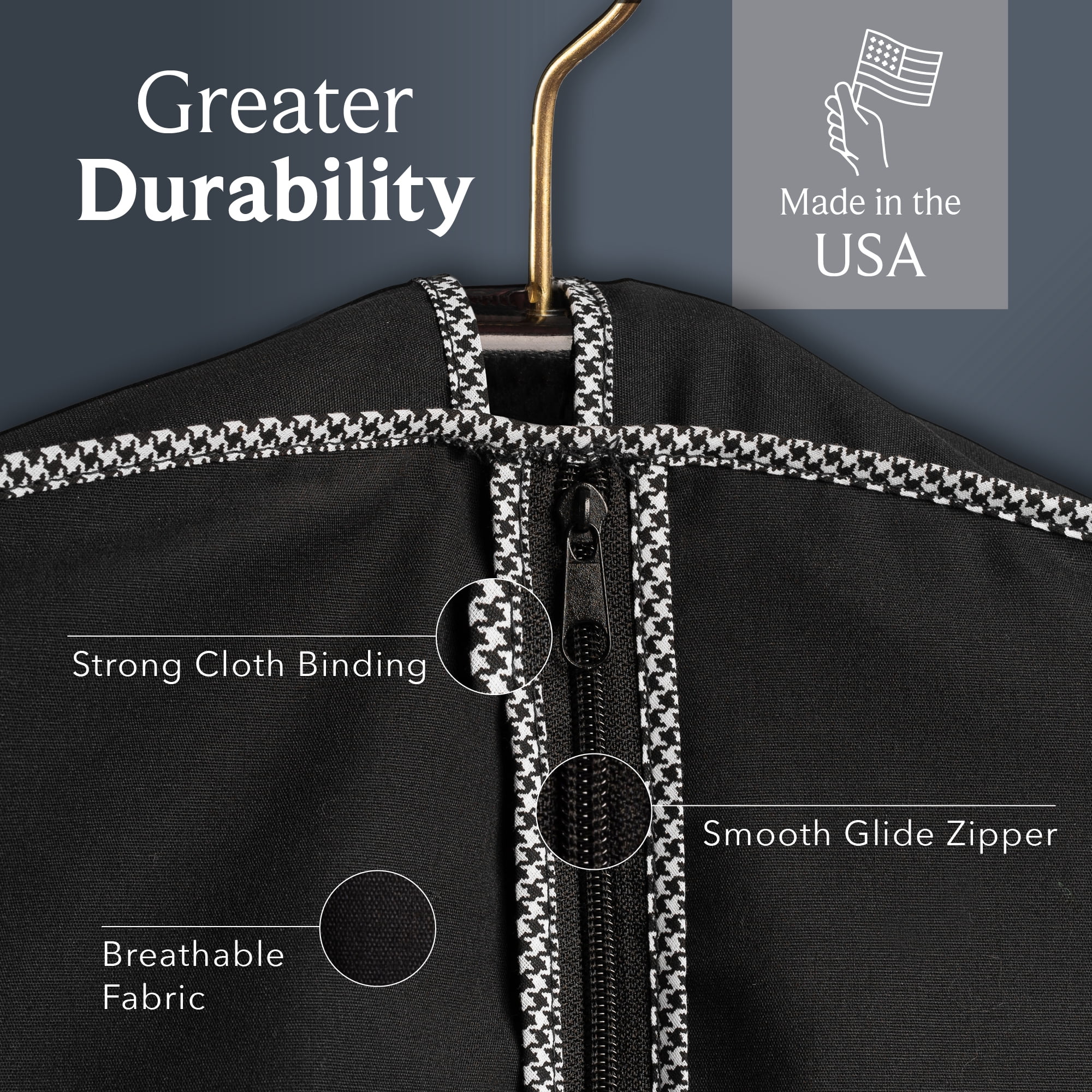 Basic LTD - 60'' Breathable Black Cotton Poplin (Gray Houndstooth Trim) Garment Bag - 1 Count