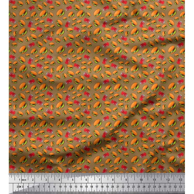 Soimoi Polyester Crepe Fabric Coke & Burger Food Printed Fabric 1 Yard 52 Inch Wide