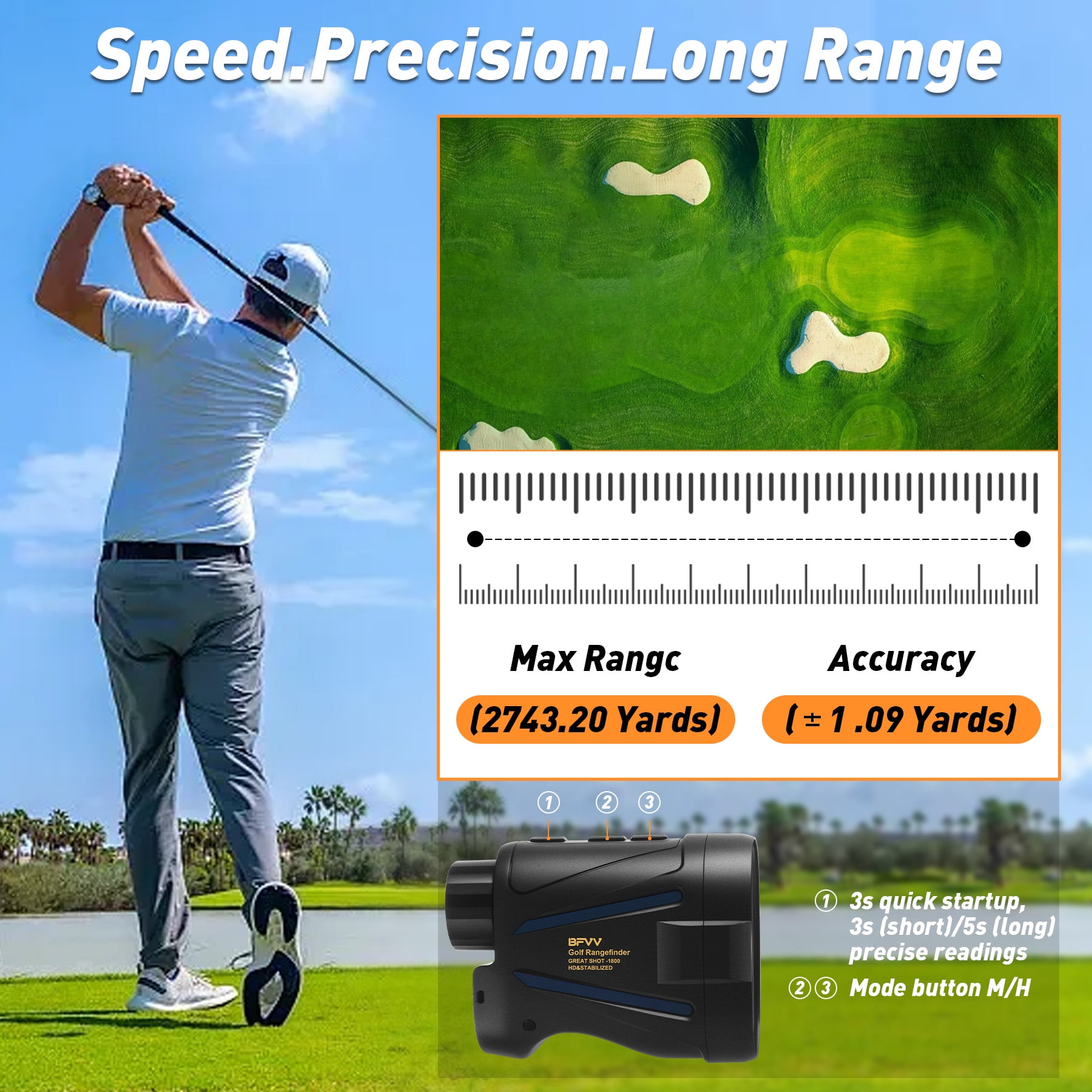 BFVV Golf Rangefinder with Slope, 2000 Yards Laser Range Finder Golfing, 6X Magnification, Flag Pole Locking Vibration, Rechargeable Range Finders -IP54 Laser Rangefinder Hunting