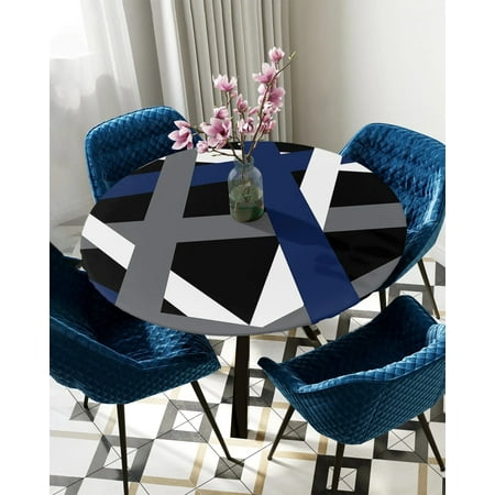 

Round Fitted Tablecloth Blue Gray Geometric Lines Abstract Elastic Edged Table Cover Protector Cloth Waterproof Rectangle 40 -44
