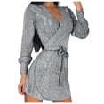 thumbnail image 1 of Pompotops Mode Femmes Ceinture à Manches Longues Solide Sexy V-Cou Mini Robe, 1 of 9