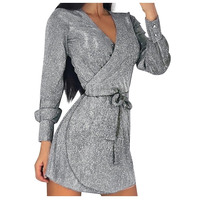 Pompotops Mode Femmes Ceinture à Manches Longues Solide Sexy V-Cou Mini Robe