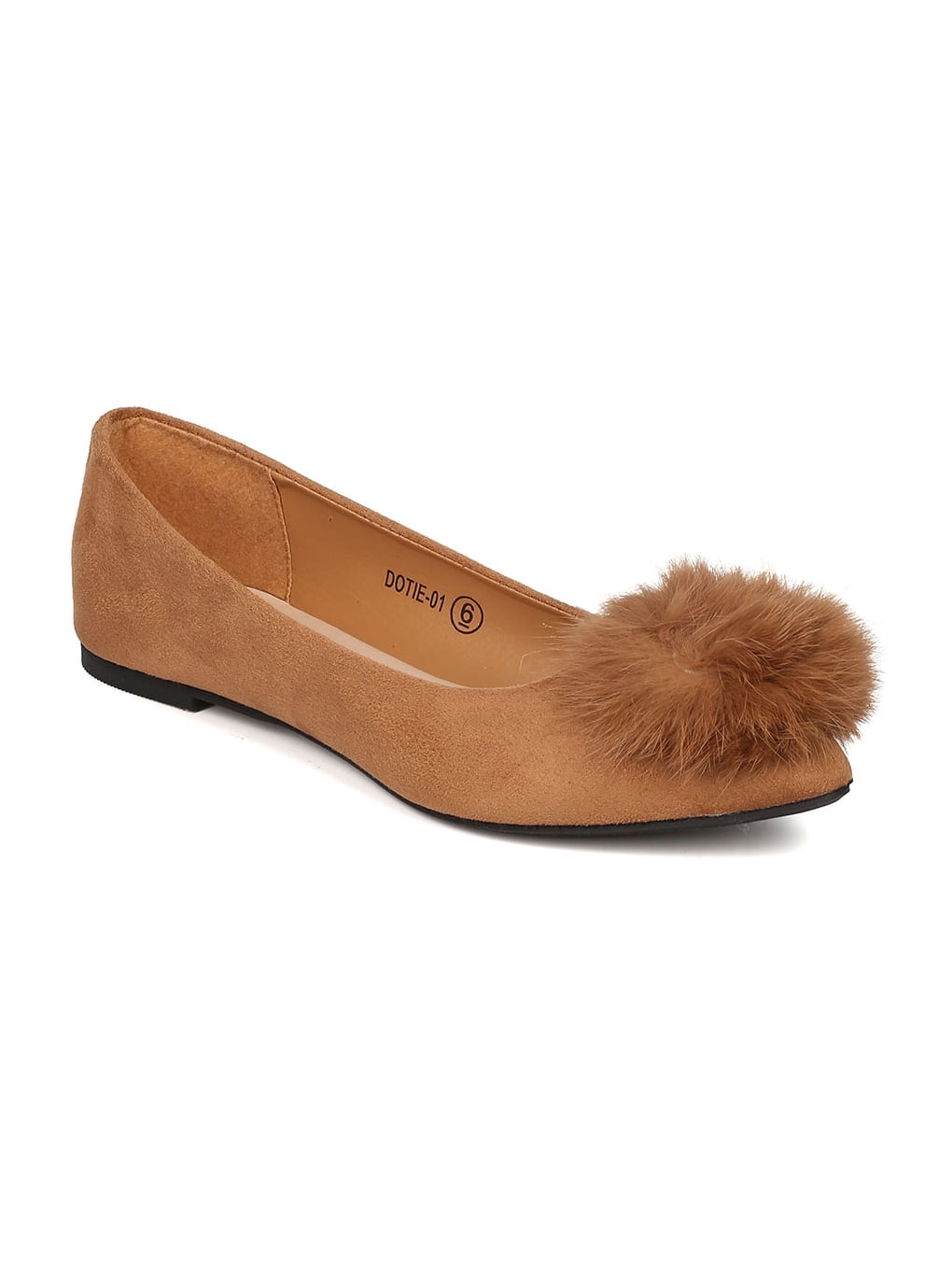 New Women Refresh Dotie01 Faux Suede Pointy Toe Pom Pom Ballet Flat