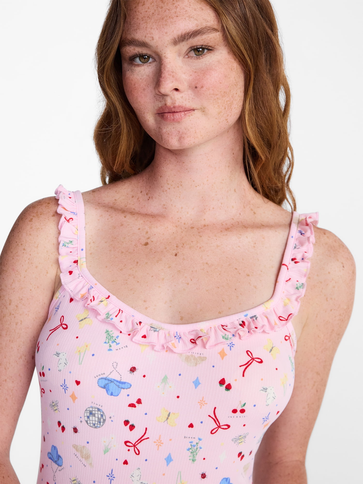 No Boundaries Ruffle Neck Sleep Romper, Women's XS-XXL
