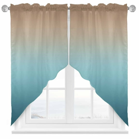 Teal Green Swag Valances for Windows 2 Pack and Brown Gradient Swag Kitchen Curtains 36 Inches Long Rod Pocket Short Window Treatment for Kitchen Bathroom 28"x36"