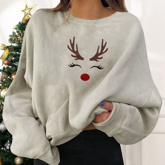 Women's Christmas Sweatshirts Christmas Print Crew Neck Long Sleeve Xmas Holiday Casual Sweat Tops for Women 2025