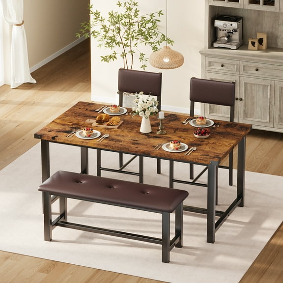 Farmhouse Dining Set for 4: Wood Table with Upholstered Bench and 2 Chairs, Space-Saving Design for Kitchen, Dining Room, or Apartment