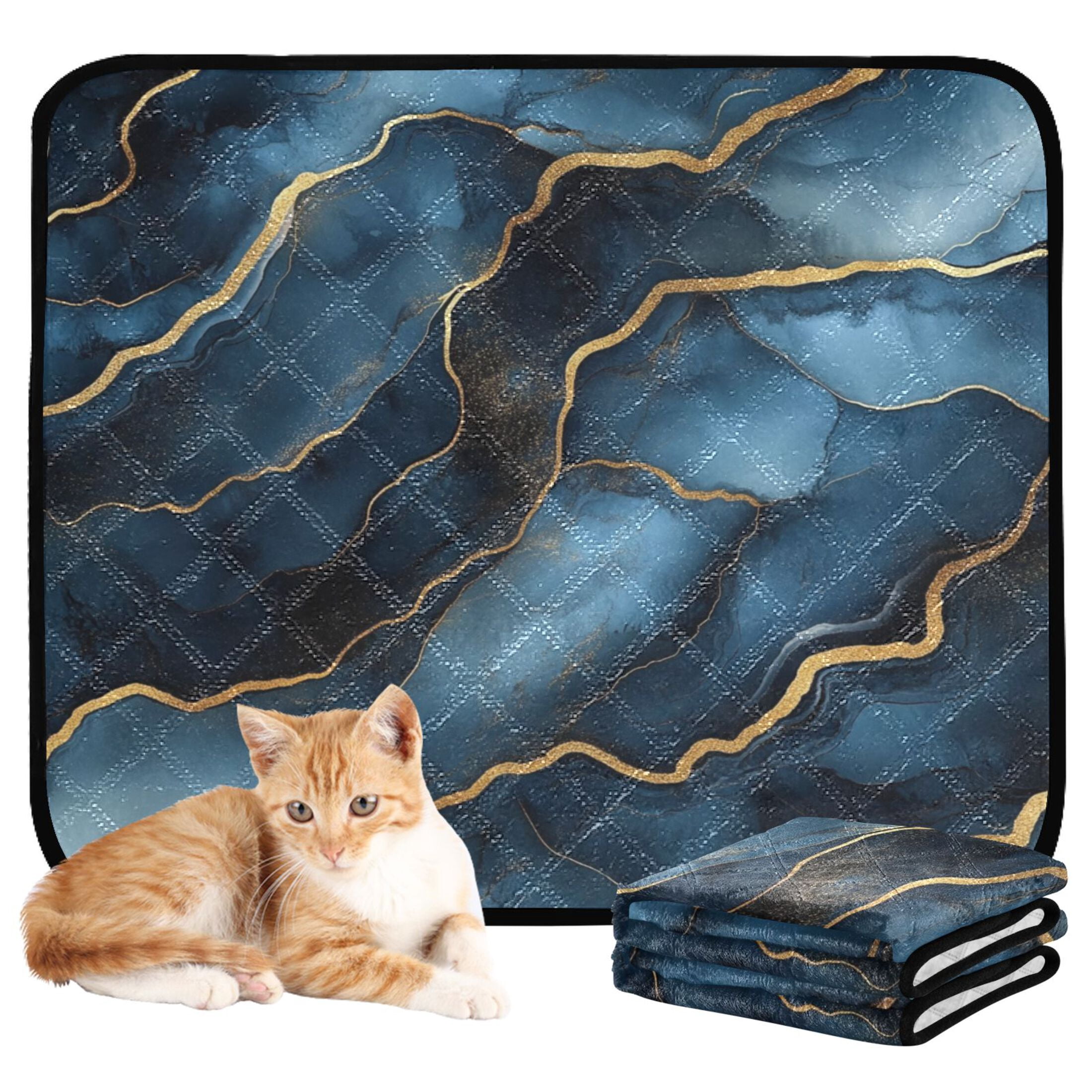 Qxltty Gilt Dark Blue Marble Cat litter Pads Pet Set of 2 Diaper Mats Center Anti-leakage Layer Absorbent Soft and Comfortable