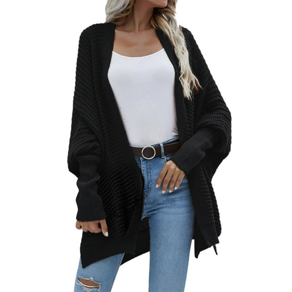 felwors Women's 2025 Fashion Casual Oversized Open Front Batwing Long Sleeve Knit Cardigans Sweaters Outerwear Coats Black, S