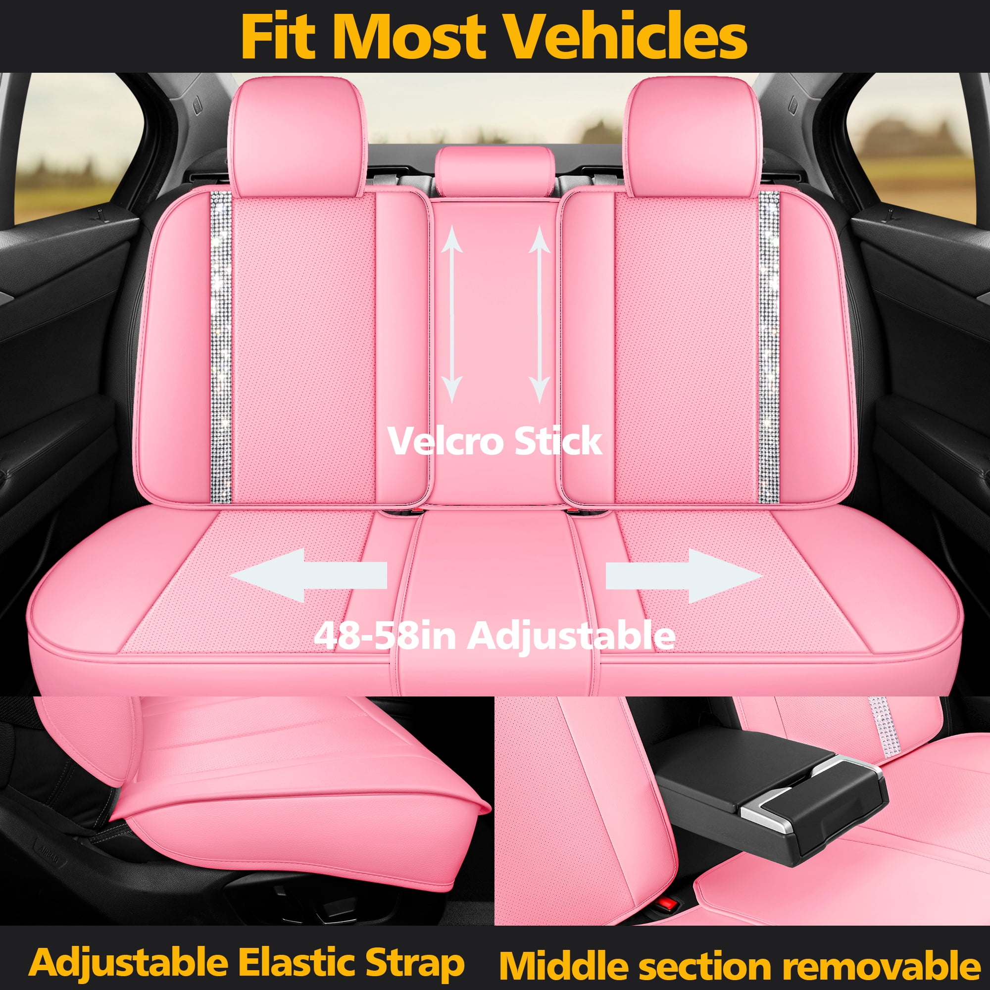 High-End 5-Seat Car Seat Covers Full Set with Pink Crystal Accents, Premium Bling Interior Upgrade for Cars SUVs Trucks, Luxury All-Season Fit