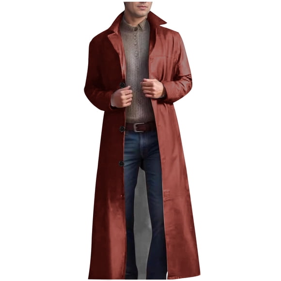 Coats for Men, Trench Coat Men, Men's Fashion Casual Solid Color Leather Buttons Long Sleeve Hoodless Casual Long Outwear Trench Coat