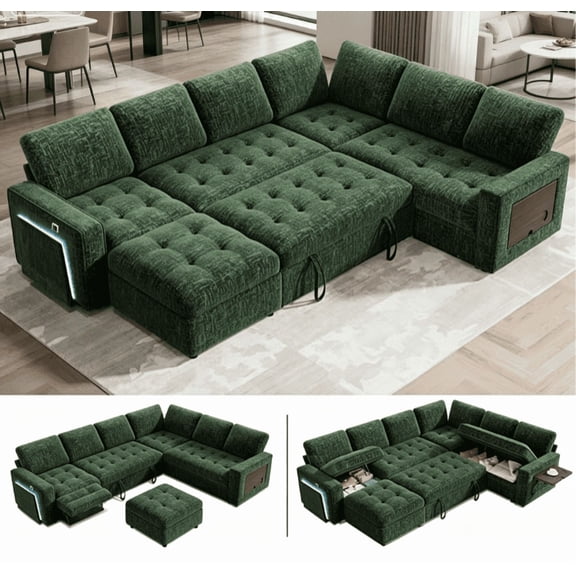 7-Seat Modular Sectional Sofa with Pull-Out Bed, Reclining Backrest, USB Ports, Table, LED Lights & Storage Seats – Tool-Free Assembly, Comfortable Living Room Furniture Green