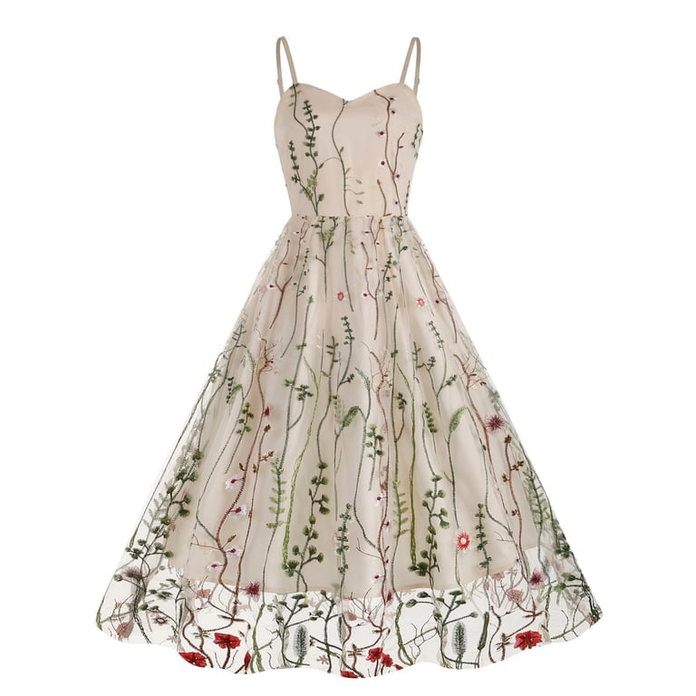 Brglopf Womens Floral Embroidery Sheer Mesh Dresses Spaghetti Strap Vintage Cocktail Party Dress Wedding Prom Evening Swing Dress Beige L, Women's,